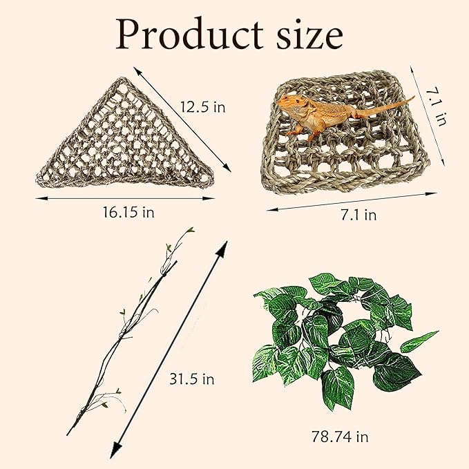 Tank Accessories for Bearded Dragon Include Resin Classical Castle Reptile Hammocks Climb Habitat Hanging Jungle Vines Flexible Leaves Climbing Decor for Chameleon Lizard Gecko Spider(6 PCS)