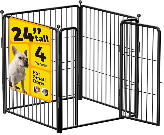 Dog Playpen 24 inch 4 Panels for Indoor & Outdoor Use – Heavy-Duty Metal Pet Fence with Ground Stakes, Rounded Ball Tops for Safety, Stable & Foldable Design, Easy to Assemble