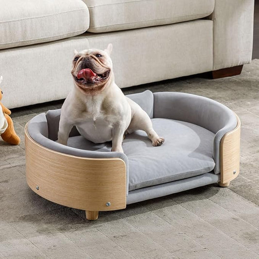 Elevated Dog Bed Pet Sofa with Solid Wood Legs and Bent Soft Backrest, Pet Cat Stool Bed with Velvet Cushion,for Small and Medium Size Dogs Kitten, Mid Size