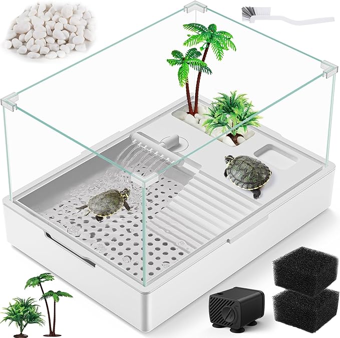 MoonOrange Small Turtle Tank (Tank + Water Pump), Acrylic Turtle Tank Starter Kit with Upgrade Rain Shower Head, Adjustable 5W Water Pump, Higher Fences and Multi-Function Areas. (S)