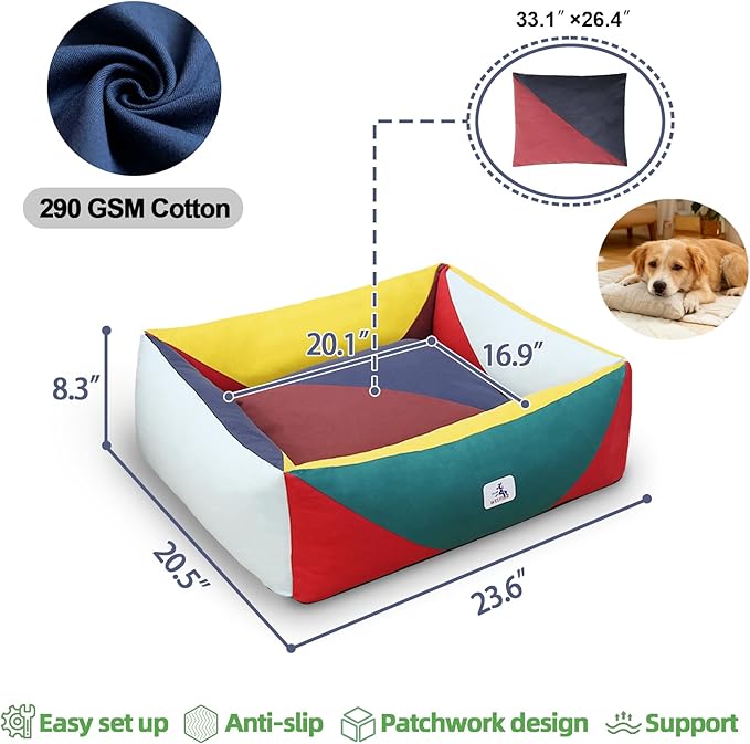 290 GSM Cotton Canvas Dog Couch Bed, Washable Removable Cover, Tough Bolster with Supportive Chopped Foam, Anti-Slip Bottom (Small)