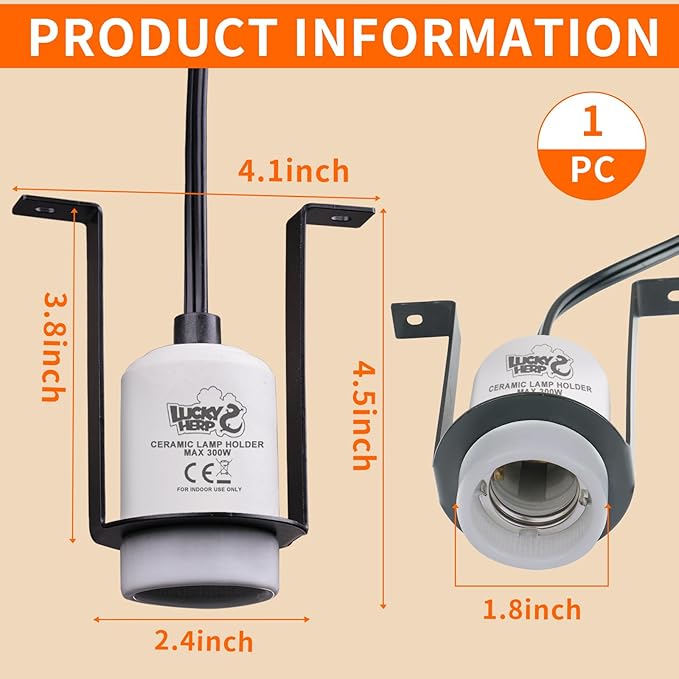 LUCKY HERP Reptile Ceramic Heat Lamp Holder, 1 Pack 300W Pet Heater Bracket (no Bulb Included), Heat Lamp Holder for Amphibians Terrariums Lizards Tortoise