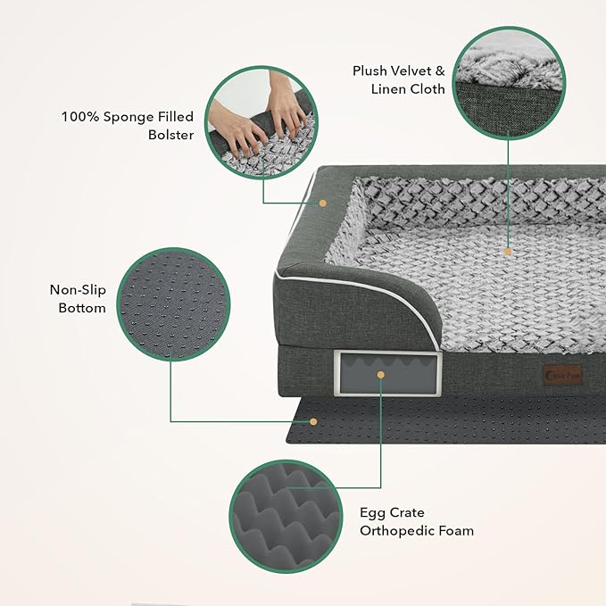 Orthopedic Dog Beds for Extra Large Sized Dogs, Waterproof Memory Foam XL Pet Bed with Sides 48x30Inch, Non-Slip and Egg-Crate Foam Big Dog Couch Bed with Removable Washable Cover, Dark Grey