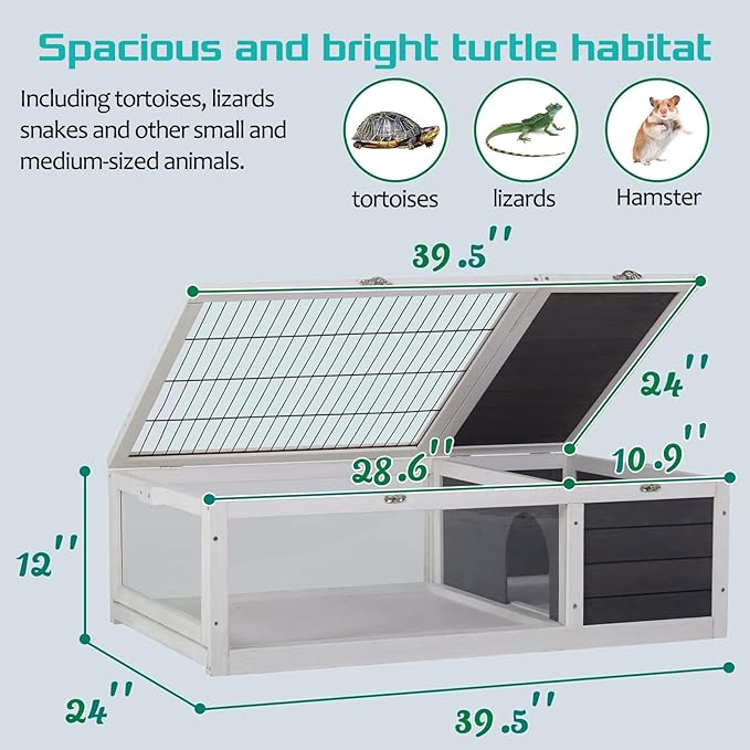 Turtle Habitat Enclosure, Large Wooden Tortoise House for Indoor and Outdoor Use, Reptile Enclosure with Openable Roof & Secure Locking System (White)