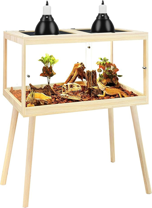 PROLEE Bearded Dragon Tank with Leg Stand 22 Gallons, Wooden Lizard Tank,Reptile Tank with Metal Mesh Roof Door, Acrylic Panel Snake Tank with Lock Design (Oak, 24"x16"x16")