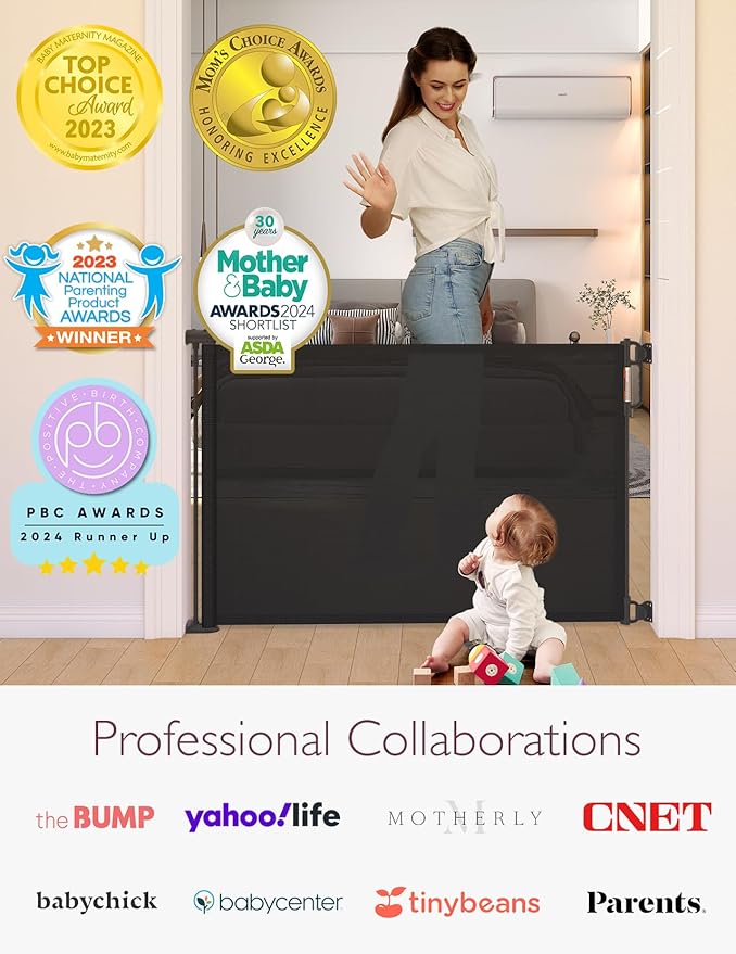 Momcozy Retractable Mesh Baby Gate or Dog Gate, Child Safety Gate for Indoor or Outdoor, 33-inches Tall with up to 55-inches Wide Extension, Black