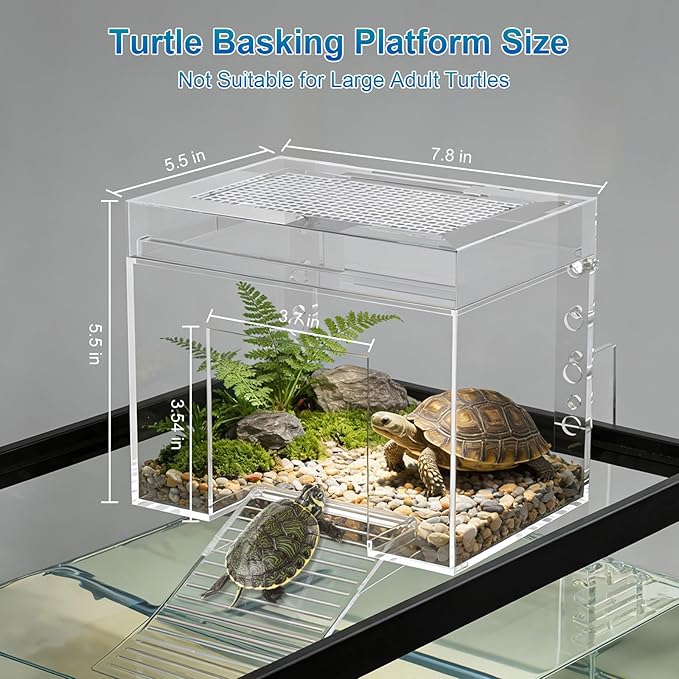 Adjustable Turtle Basking Platform, 7.8 x 5.5 x 5.5 Inch Above Tank Topper with Ramp for Small and Medium Aquatic Turtles, Transparent Acrylic Turtle Aquarium Dock Accessories
