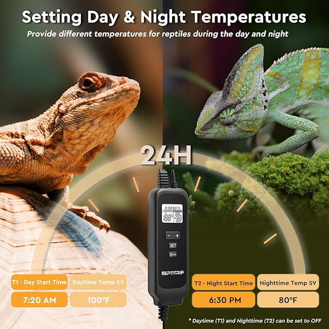 5.5" Reptile Heat Lamp Fixture with PID Dimming Thermostat, Independent Day Night Temperature Control, MAX 100W (Bulb Not Included)
