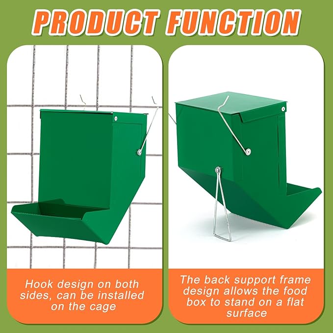 Maxcheck 2 Pcs Rabbit Feeder for Cages Small Animal Food Pellet Dispenser with Lid Metal Chicken Grit Oyster Shell Squirrel Feeders Outside(4.7 Inches,Solid Bottom,Green)