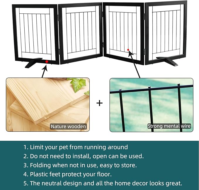 ZJSF Freestanding Dog Gate Indoor, Foldable Dog Fence for Doorways,Hallways or Stairs, Sturdy Wood Extra Wide Pet Gate with Support Feet,Black,24 "Height-4 Panels