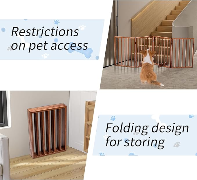 BONNLO Free Standing Dog Gate Indoor, Foldable Pet Gate for Dogs and Puppy, 24" Height Wooden Dog Gates for Doorways Extra Wide/Stairs/Hallways (Brown, 4 Panel)