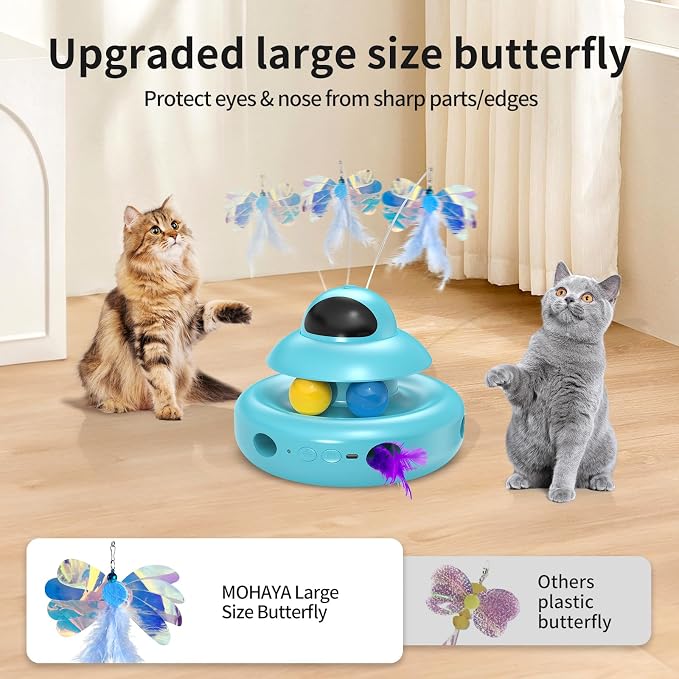 MOHAYA Cat Toys,4-in-1 Automatic Kitten Toy for Bored Indoor Adult Cats,lectric Flying Butterfly,Whack a Mole,Feather Track Balls,Blue - Image 5