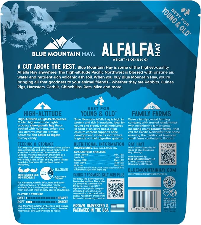 Blue Mountain Hay High-Altitude Organic Alfalfa Hay (48 oz), High Protein Fiber & Mineral Rich, Soft Leafy Texture with High Leaf Retention, Premium Quality Feed for Small Pets and Farm Use