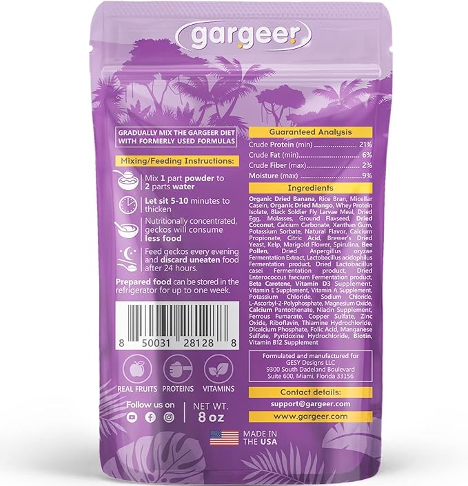 Gargeer 8oz Complete Crested Gecko Food Diet. Premium Mix, Ready to Use Freshly Made Powder. Unique Formula, Developed & Made in the USA. Enjoy! (Tropical + Insects Protein)