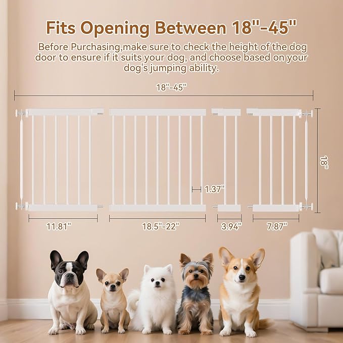 Short Dog Gate,18"-45" Adjustable Extra Wide Metal Short Dog Gate to Step Over, 18" Tall Small Pet Gate with 3 Extension Kits