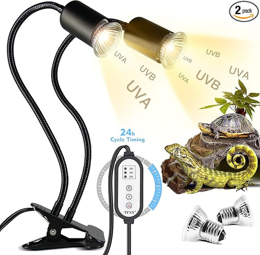 TFNN Reptile Heat Lamp, Double-Head Heat Lamp with Clamp, UVA UVB Reptile Light with Intelligent Cycle Timer for Turtle, Bearded Dragon, Lizard and More, 2 Bulbs 25W+50W