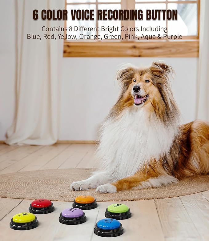 Acools 6 Pcs Dog Buttons for Communication Pet Training Buzzer, 30 Second Voice Recording Button, Dog Talking Button Set with 6 Color Anti-Slip Mat and 48 Scene Stickers