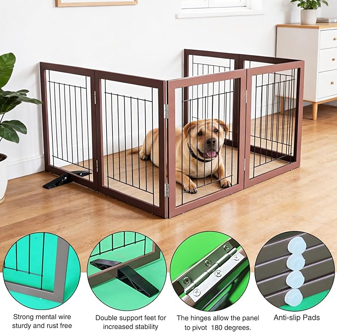 ZJSF Freestanding Dog Gate Indoor, Foldable Dog Fence for Doorways,Hallways or Stairs, Sturdy Wood Extra Wide Pet Gate with Support Feet,Brown,32 "Height-6 Panels
