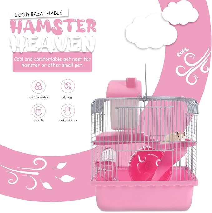 Hamster Cage Portable Double Layer Wire Habitat Small Critter House Cage Pet Playpen Activity Exercise Centre for Rodent Gerbil Mouse Rat Accessories Pink