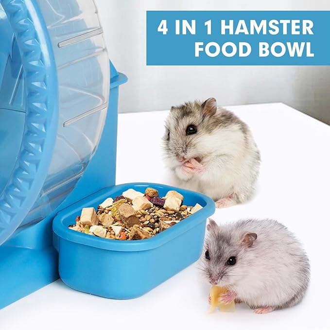 Hamster Toys 4 in 1 Multifunctional Super-Silent Exercise Toys Spinner Wheels with Water Bottle Food Container and Hideout Base Large Spinning Running Wheel for Rat Gerbils Mice (L,Blue)