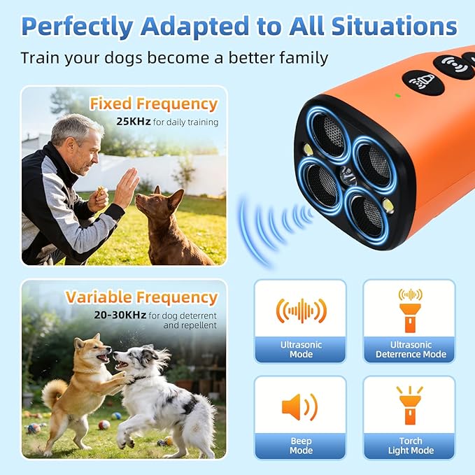 4X Ultrasonic Dog Bark Deterrent Device, 2026 Newest Stop Neighbors Dog Barking, 4 Nozzles Up 100% Efficiency, 3 Modes Humane Training Tool with Flashlight , Safe for Pet Indoor Outdoor（Orange）