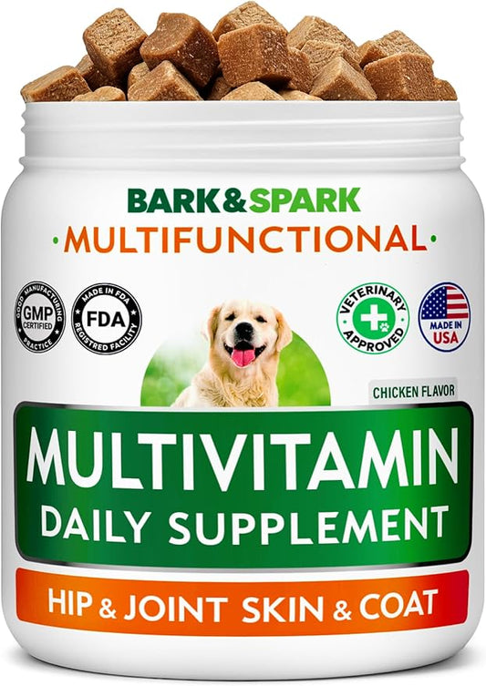 BARK&SPARK Dog Multivitamin Chews Glucosamine Chondroitin with Omega 3, Digestive Enzymes & Probiotics | Vitamins and Supplements for Dogs Pet Skin & Coat & Joint & Gut Health Support - 120ct