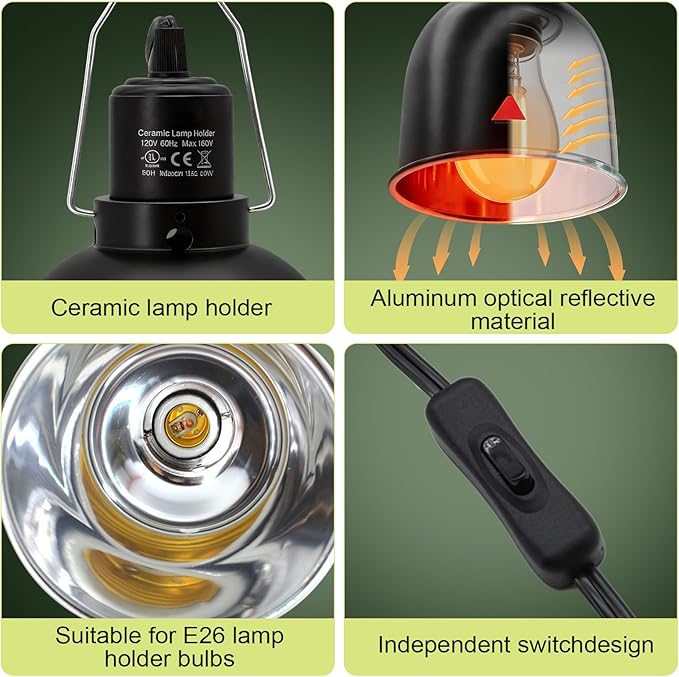 2-Pack Reptile Light Fixture 5.5in Deep Dome Reptile Lamp Fixture Heat Lamp Fixture for Heat/UVA/UVB Bulb Basking Lamp Max 100W for Reptile Habitat