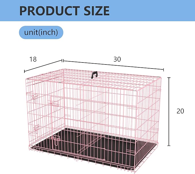 FDW 30 inch Dog Crate Dog Kennel Cage with Double Door Folding Metal Wire Dog Cage with Removable Tray&Divider Panel,Pet Crate for Medium Dogs,Pink