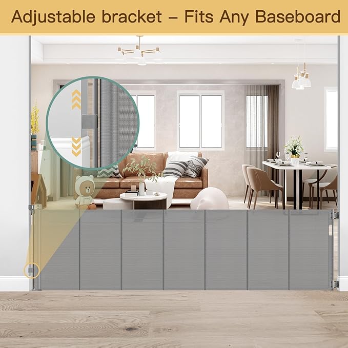 Reinforced 200 Inch Extra Long Baby Gate For Large Opening to Prevent Crawling Under, 16 ft Retractable Dog Gate for Doorway Extra Wide, Outdoor/Indoor Retractable Baby Fence to Separate Playroom,Gray