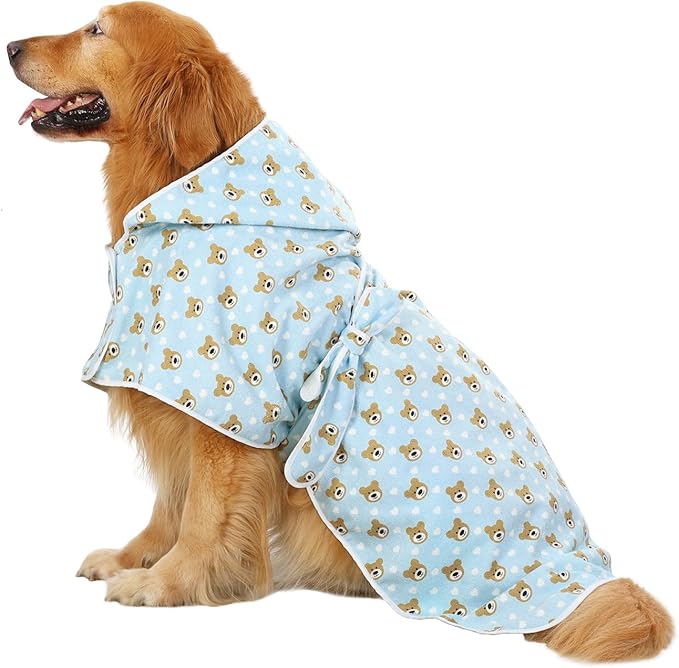 HDE Dog Bathrobe Super Absorbent Quick Drying Puppy Towel Wrap Coat Adjustable After Bath Robes with Hood for Dog Sizes S-XXL Teddy Bears XL