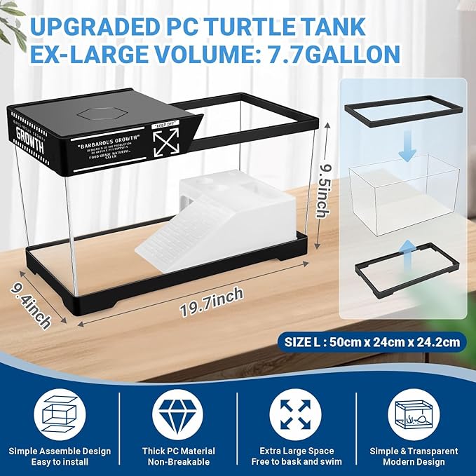 GOZILLA Turtle Tank+Lamp+Filter Kit, Upgrade PC Turtle Tank Starter Kit with Filter & Adjustable Lamp,Reptile Habitat Basking Platform with Lid for Small Reptiles.(19.68× 9.52× 9.44''/Large-Black-Kit)