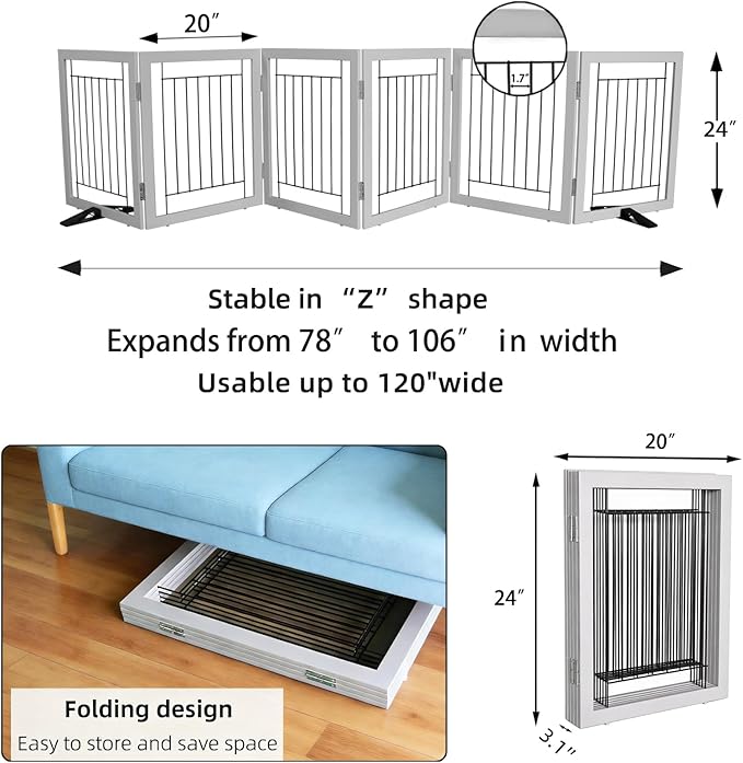 ZJSF Freestanding Dog Gate Indoor, Foldable Dog Fence for Doorways,Hallways or Stairs, Sturdy Wood Extra Wide Pet Gate with Support Feet,Grey,24 "Height-6 Panels