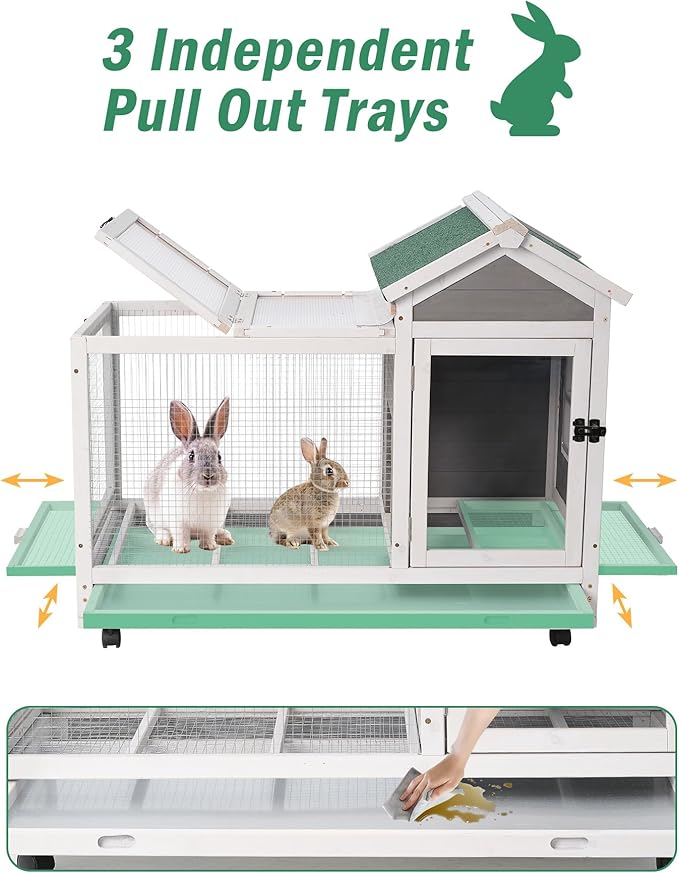 Outdoor Wooden Rabbit Cage:Rabbit Hutch Indoor, Bunny Hutch with Leak-Proof Pull Out Tray&Hideout, Small Animal Cage for Rabbits, Large Guinea Pigs, Portable Habitat with Lockable Wheels