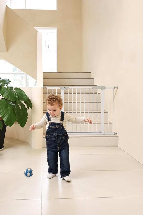 44.72"-46.89" Baby and Pet Safety Gate, 30" Tall Metal Walk-Thru Gate for Doorways & Stairs, Easy One-Hand Open, Dual Lock, Extensions & Wall Mounts Included (Gray, 29"-46" W x 30.5“H)