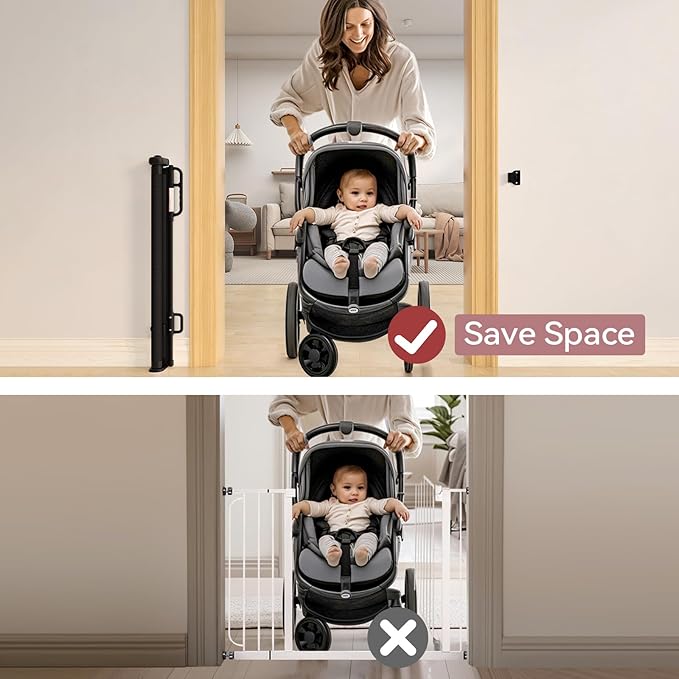 Momcozy Retractable Mesh Baby Gate or Dog Gate, Child Safety Gate for Indoor or Outdoor, 33-inches Tall with up to 55-inches Wide Extension, Avoid Skirting Installation, Black