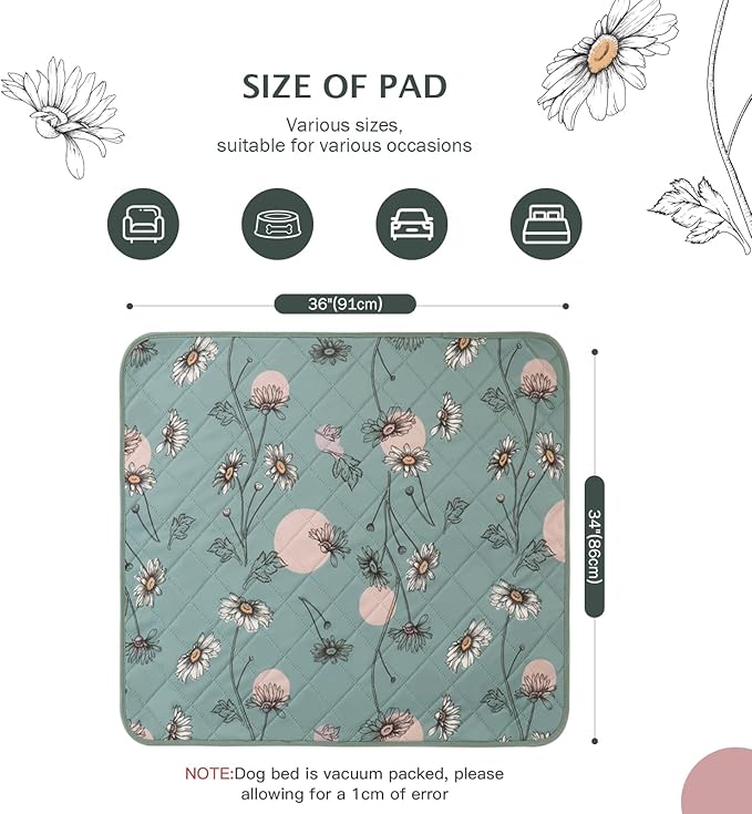 IEUUMLER Washable Pee Pads for Dogs, 2 Pack Non-Slip & Waterproof Pack Whelping Pad, Reusable Washable Puppy Potty Training Pad with Fast Absorbent for Playpen EU007 (Green Daisy, 34"X36"-2pcs)