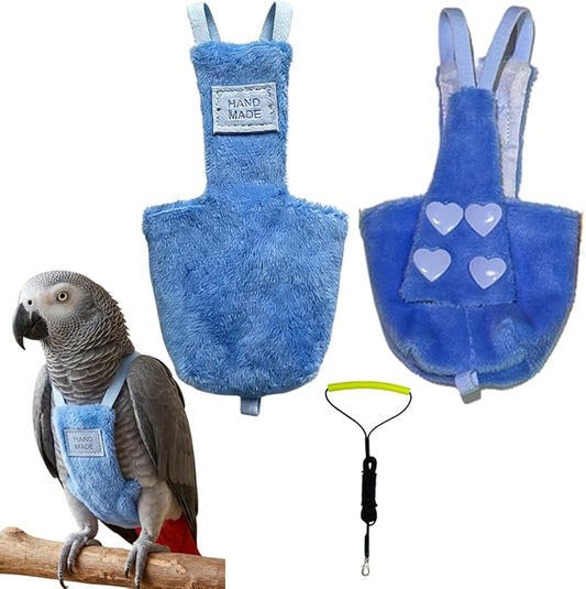 Adjustable Bird Diaper Parrot Clothes Flight Suite, Reusable Parrot Nappy with Waterproof Inner Layer, Warm Bird Urine Wet Suit Costume for Conure African Grey Quaker (Blue, with Leash,2XL)
