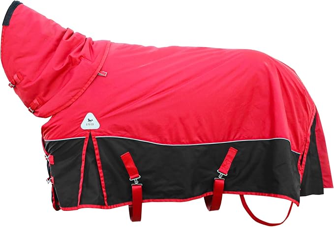 Horse Blankets Winter for Real Horses, 1600D Waterproof Poly Rain Sheets 78 in with Neck Cover Belly Wrap Tail Wrap Turnout Blanket, Stuff Care Medium Large Weight Heavy Outdoor Clothes Red Black