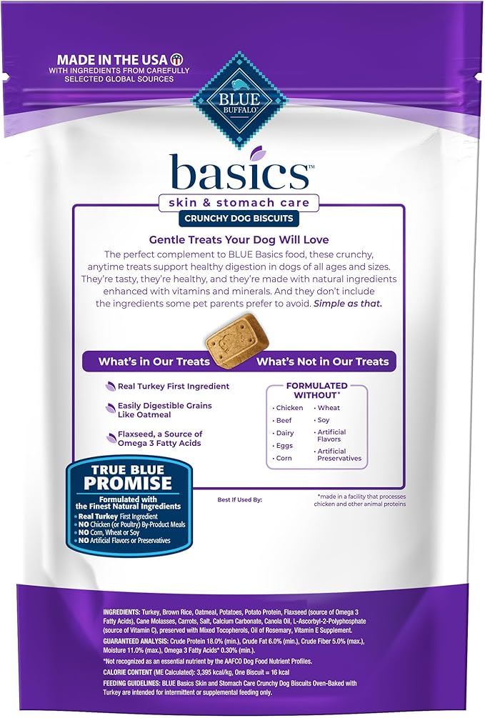Blue Buffalo Basics Dog Biscuits, Skin & Stomach Care Crunchy Dog Treats, Turkey Recipe, 6-oz Bag (Pack of 6)