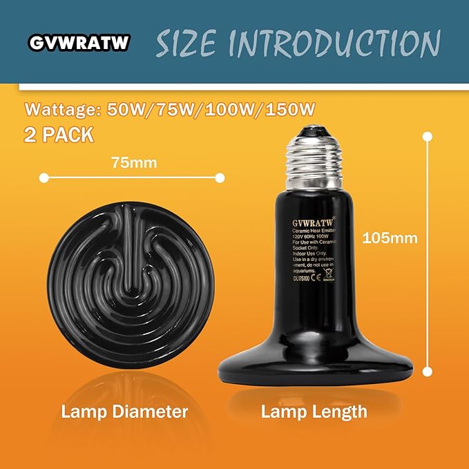 0.25 inch(75mm) Ceramic Heat Emitter Bulb 2 Pack for Reptiles ?€? No Light Infrared Heat Lamp for Lizards, Snakes, Bearded Dragons ?€? Safe Nighttime Heating for Terrariums & Outdoor Pet Brooders