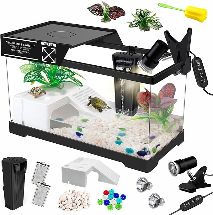 GOZILLA Turtle Tank Kit(Tank+Lamp+Filter), Upgrade PC Turtle Tank Starter Kit with Adjustable Lamp & Filter, Reptile Habitat with Lid, Basking Platform for Small Reptiles.(15.75 × 7.9 × 9''/Black Kit)