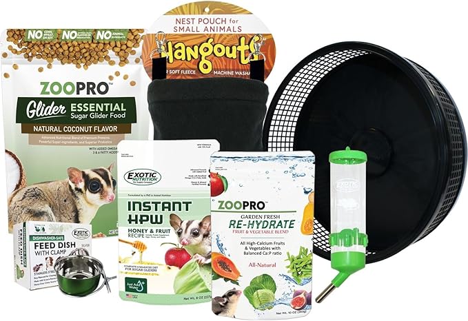 Exotic Nutrition Starter Package for Sugar Gliders - Includes Exercise Wheel, Food Assortment, Water Bottle, Food Dishes & Nest Pouch