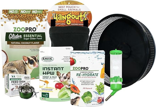 Exotic Nutrition Starter Package for Sugar Gliders - Includes Exercise Wheel, Food Assortment, Water Bottle, Food Dishes & Nest Pouch