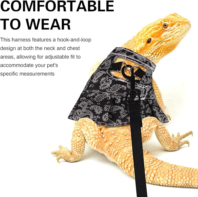 Bearded Dragon Harness and Leash Skirts Set Adjustable Reptile Lizard Leash Rope Dresses Clothes Starter Kit Accessories for Small Animal Outdoor Walking Training (Black)