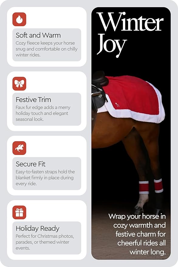 HORZE Santa Christmas Fleece Horse Quarter Sheet Riding Blanket with Faux Fur - Red - Pony