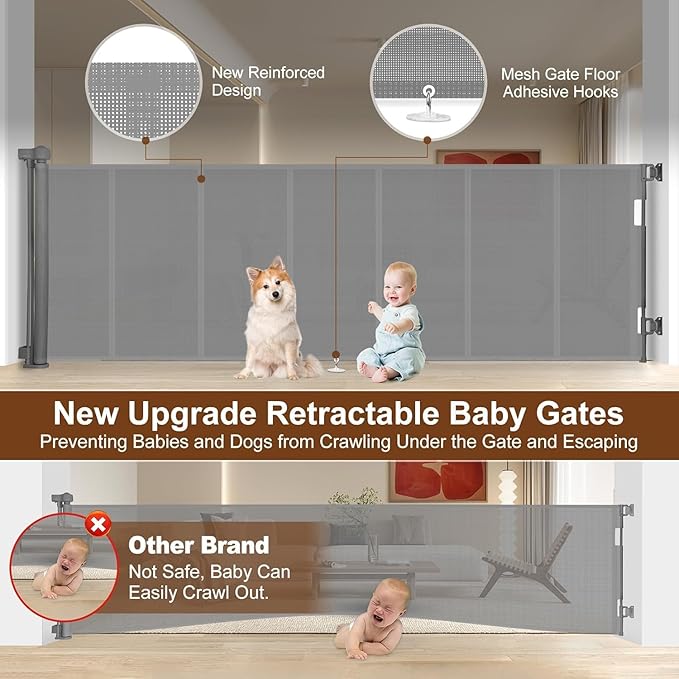 Miumoon 100 inch Retractable Baby Gates 42 inch Tall, Retractable Gate with Reinforced Strip Design to Prevent Crawling Through, 8 FT Extra Wide Retractable Dog Gate for Indoor/Outdoor