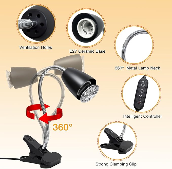 Reptile Heat Lamp with 2Pcs 50W UVA UVB Bulb, Turtle Heater Light with 360 Rotatable Basking Light with Clamp and Cycle Timer for Turtle Lizard Snake Amphibians