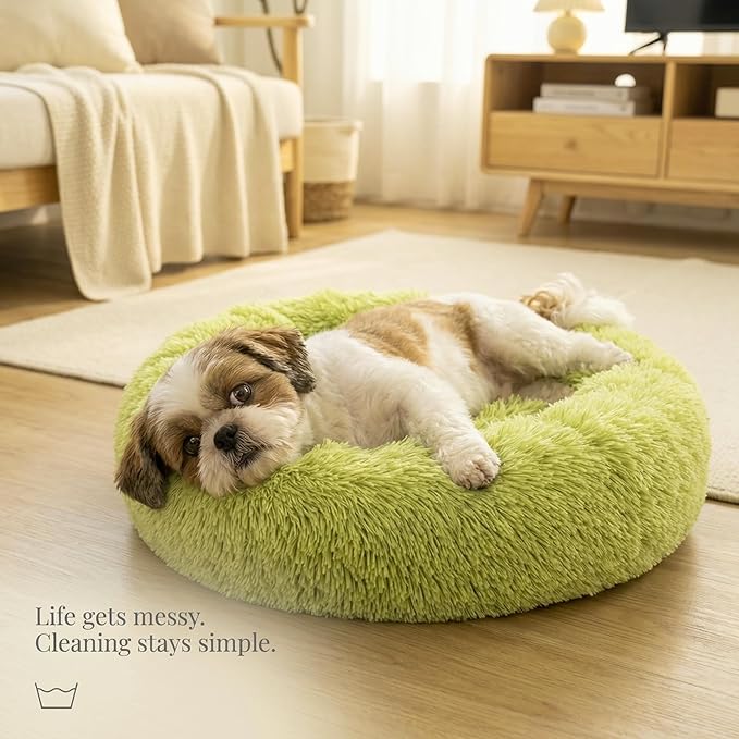 Calming Donut Dogs Beds for Small Dogs Washable,23inch Plush Round Pet Bed for Cozy Sleep,Fluffy Faux Fur Large Cat Bed,Fits up to 25 lbs Pets,Green