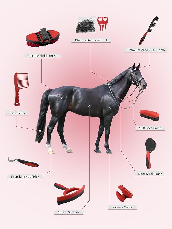 Harrison Howard Horse Grooming Kit, 9-Piece Complete Grooming Tools Set with Non-Slip Silicone Grip for Daily Horse Care, Bathing & Shedding Red