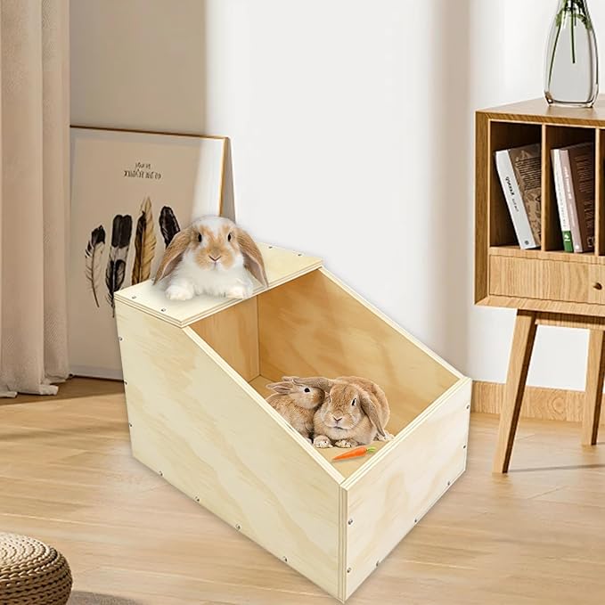 Wooden Rabbit Nesting Box, Small Animal Hutch Hideout, Breeding Shelter & Burrow Den Alternative for Rabbits, Guinea Pigs, Chinchillas or Other Small Pets(16x11x11 in)
